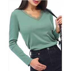 Блузка мятная в рубчик с кружевом