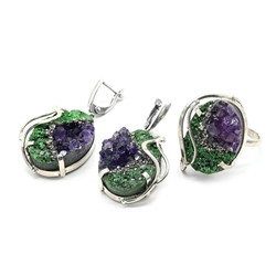 Кольцо и серьги из аметиста, уваровита и пирита, размер-17,5