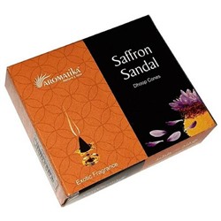 SAFFRON SANDAL DHOOP CONES, Aromatika (ШАФРАН САНДАЛ конусные благовония, Ароматика), уп. 25 г. + подставка.