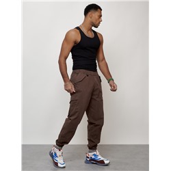 Джинсы карго мужские с накладными карманами коричневого цвета 2420K