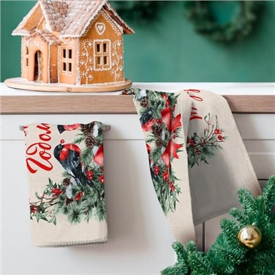 К-т полотенец "Новогодние снегири" 50*60 см. - 3 шт. рогожка хлопок 100%