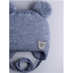 Шапка вязаная детская с двумя бубонами, на завязках, нашивка HAPPY BEAR, джинс