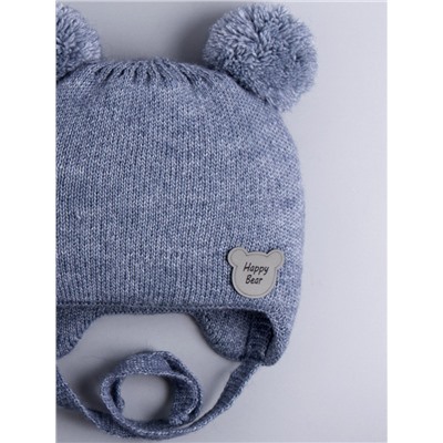 Шапка вязаная детская с двумя бубонами, на завязках, нашивка HAPPY BEAR, джинс