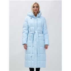 Пальто утепленное стеганное зимнее с капюшоном женское голубого цвета 9609Gl