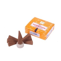 SANDALWOOD DHOOP CONES, Satya (САНДАЛОВОЕ ДЕРЕВО конусные благовония, Сатья), уп. 12 конусов + подставка.