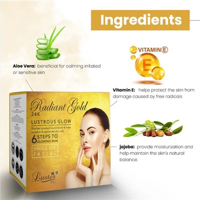 RADIANT GOLD 24K Lustrous Glow Facial Kit, Luster (СИЯЮЩЕЕ ЗОЛОТО 24К набор для ухода за лицом, Ластер), 1 уп. (40 мл.)
