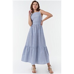 Сарафан летний длинный из хлопка в белую полоску на голубом