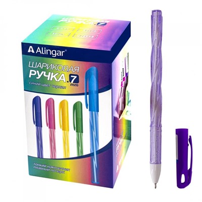 Ручка шар. син. Alingar игольчатый 0,7мм прозр. пласт.корпус с блестк.(вып.по 4шт.)  AL8649