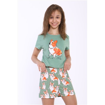 Пижама для девочки Корги на зеленом арт. ПД-023-062
