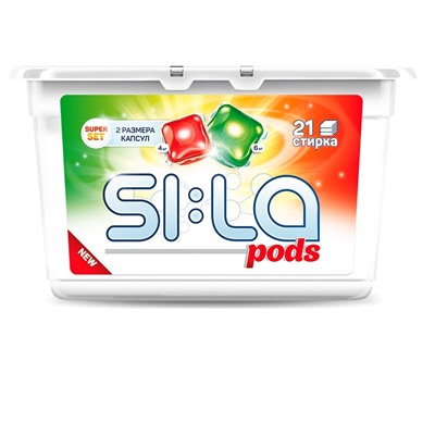 SI:LA Капсулы д/стирки PODS SUPERSETд/цветн. и белого ,100%и 50% загрузки21шт.