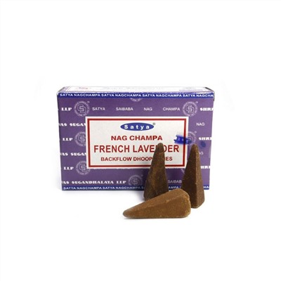 NAG CHAMPA FRENCH LAVENDER Backflow Dhoop Cones, Satya (НАГ ЧАМПА ФРАНЦУЗСКАЯ ЛАВАНДА благовония пуля стелющийся дым, Сатья), уп. 10 конусов.