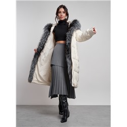 Пальто утепленное с чернобуркой зимнее женское светло-бежевого цвета 133156SB