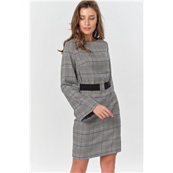 Платье приталенное с длинным рукавом в клетку серое