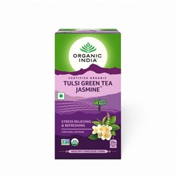 TULSI JASMINE GREEN TEA, Organic India (ТУЛСИ ЗЕЛЕНЫЙ ЧАЙ С ЖАСМИНОМ, антистресс и свежесть, Органик Индия), 25 пакетиков.