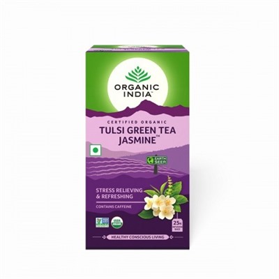 TULSI JASMINE GREEN TEA, Organic India (ТУЛСИ ЗЕЛЕНЫЙ ЧАЙ С ЖАСМИНОМ, антистресс и свежесть, Органик Индия), 25 пакетиков.