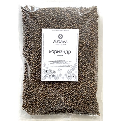 КОРИАНДР целый, AURAMA, (пакет), 200 г. - СРОК ГОДНОСТИ ДО 23 ФЕВРАЛЯ 2025 ГОДА
