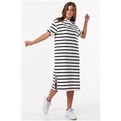 Платье прямое миди из футера в полоску на белом