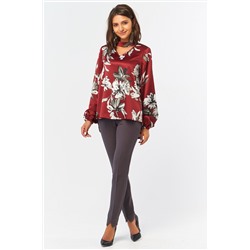 Блузка прямая с широким рукавом с цветочным принтом на бордовом