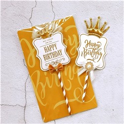 Топпер  «Роскошь» Happy Birthday (белая табличка, бант и корона)