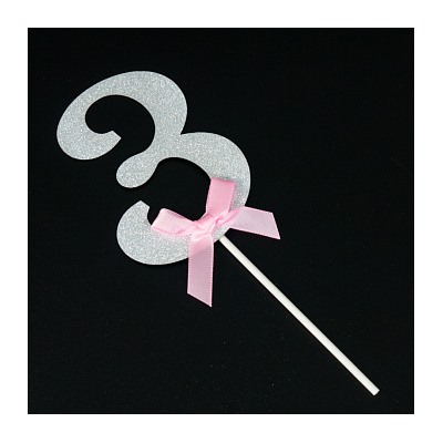 Топпер "Цифра 3" серебро, розовый бант, 9*6,5 см