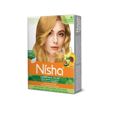 GOLDEN BLONDE 8.1 Nisha Creme Hair Color (ЗОЛОТИСТЫЙ БЛОНД 8.1 крем-краска для волос, Ниша), 20 г + 20 мл + 6 мл.