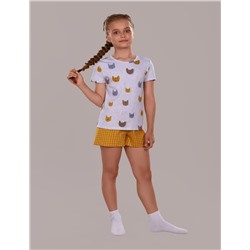 Пижама для девочки Кошки арт.ПД-009-024 (Серый меланж/горчичный)