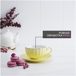 Чайная пара фарфоровая Доляна «Вивьен», 2 предмета: чашка 200 мл, блюдце d=15 см, цвет жёлтый