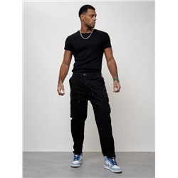 Джинсы карго мужские с накладными карманами черного цвета 2418Ch
