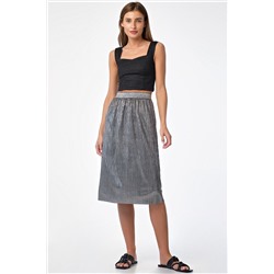 Юбка трикотажная блестящая миди на резинке серебристо-черная