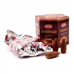 SANDALWOOD Backflow Incense Cones, Hem (САНДАЛОВОЕ ДЕРЕВО благовония пуля стелющийся дым, Хем), уп. 40 конусов.