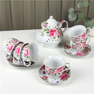 Сервиз керамический чайный на металлической подставке Доляна «Томная роза», 13 предметов: 6 чашек 230 мл, 6 блюдец d=14,2 см, чайник 1 л, цвет белый