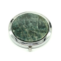 Карманное зеркальце с апатитом зеленым, круглое, серебристое, в коробочке