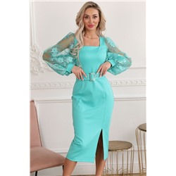 Платье-футляр трикотажное мятного цвета с объёмными рукавами из кружева