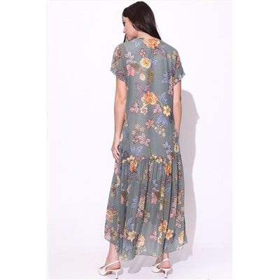 Платье длинное из шифона оливковое с цветочным принтом
