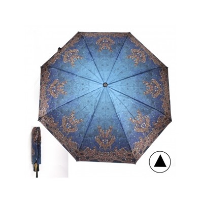 Зонт женский ТриСлона-882/L 3882 D,  R=55см,  полуавт;  8спиц,  3слож,  сатин,  синий/коричн  (узор)  235300