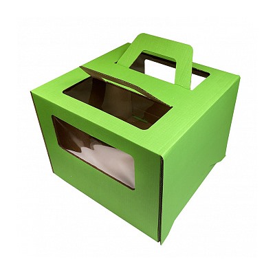 Коробка для торта с ручками 24*24*20 см (окна), Зеленая