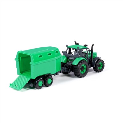 323099 Полесье Трактор "Прогресс" с прицепом для перевозки животных инерционный (зелёный) (в коробке)