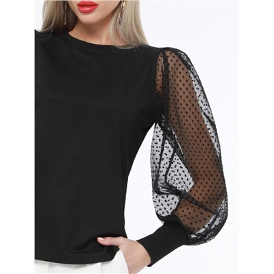 Блузка чёрная трикотажная с рукавами из сетки в горошек