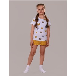 Пижама для девочки Кошки арт.ПД-009-024 (Серый меланж/горчичный)