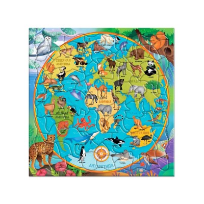 ГеоДом. Пазл фигурный на подложке "Карта мира. Животные" 80 деталей 30х30,5 см.