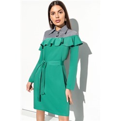 Зелёное комбинированное платье с притачным воланом