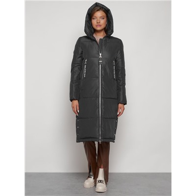 Пальто утепленное с капюшоном зимнее женское темно-серого цвета 13816TC