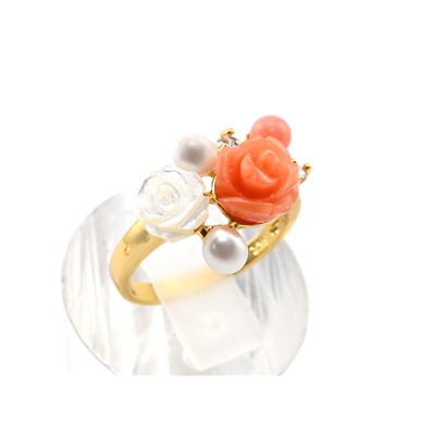 Кольцо цветок "Микс" с перламутром, жемчугом и кораллом, размер 19