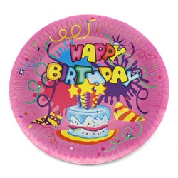 Тарелки картон  d=23см Happy Birthday Торт+серпантин Розовые  (выпис.по 10шт.)