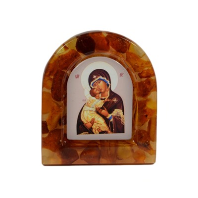 Иконка с янтарем магнит "Владимирская икона Божьей Матери " арка 38*44мм