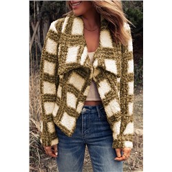 Brown Open Front Plaid Sherpa Jacket