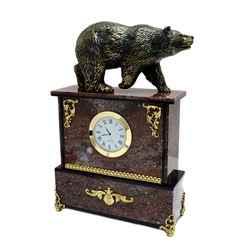 Часы каминные из креноида и долерита с бронзой "Медведь большой" 180*65*270мм.