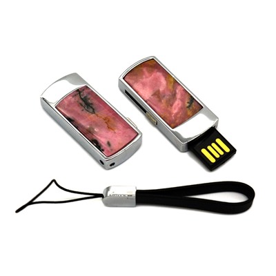 Подарочная USB флешка с камнем родонит, 32GB, серебристая