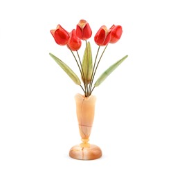 Ваза из селенита "Росток" с тюльпанами (5 цв.) красные 55*55*210мм