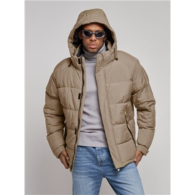 Куртка спортивная болоньевая мужская зимняя с капюшоном бежевого цвета 3111B